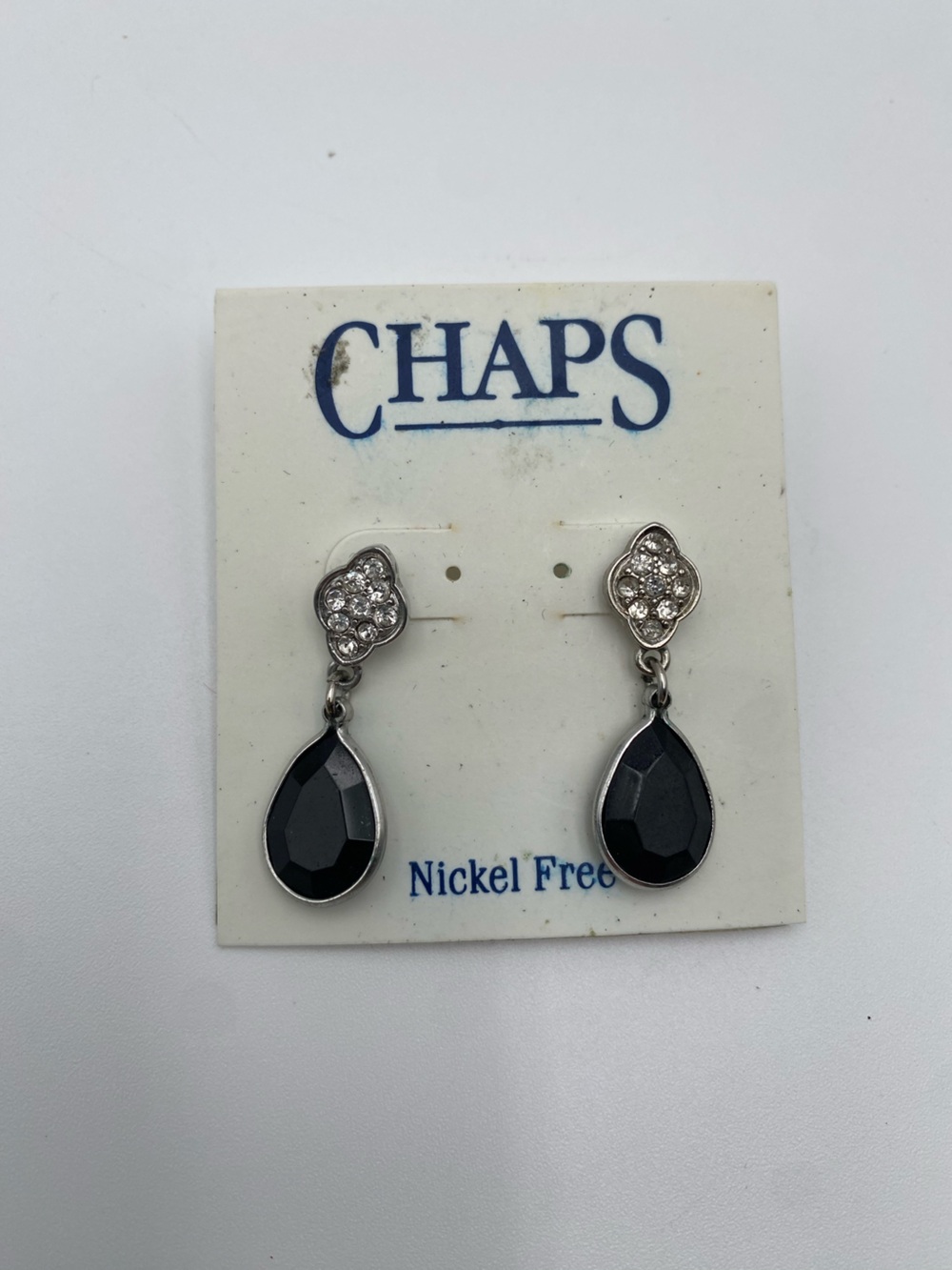 Chaps Black Teardrop Dangle Earrings with Crystal Clusters